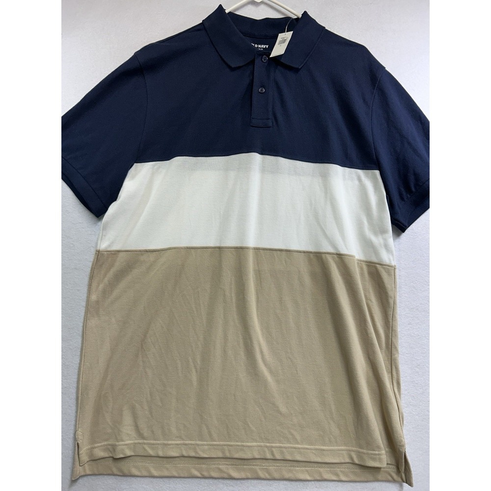 Old Navy Classic Fit Men's Size XL Polo Navy/White/Tan Colorblock Button NWT